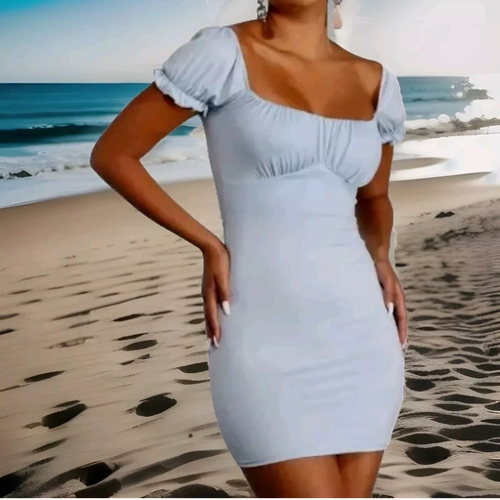 Woman 3X Haley & June Milkmaid Mini Bodycon Dress Puff Sleeve Coastal Blue Nwt
